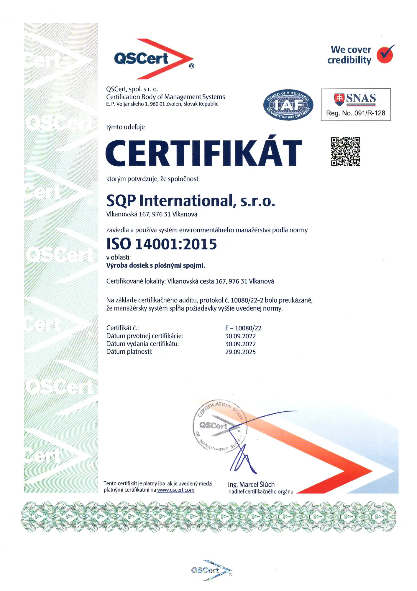 SQP International s.r.o. ISO 14001 certifikát