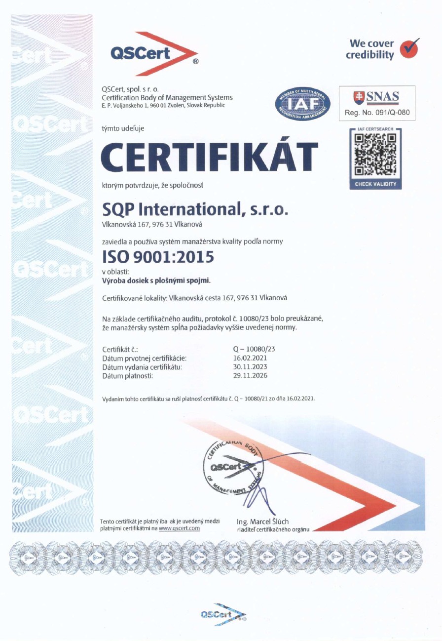 SQP International s.r.o. ISO 9001 certifikát